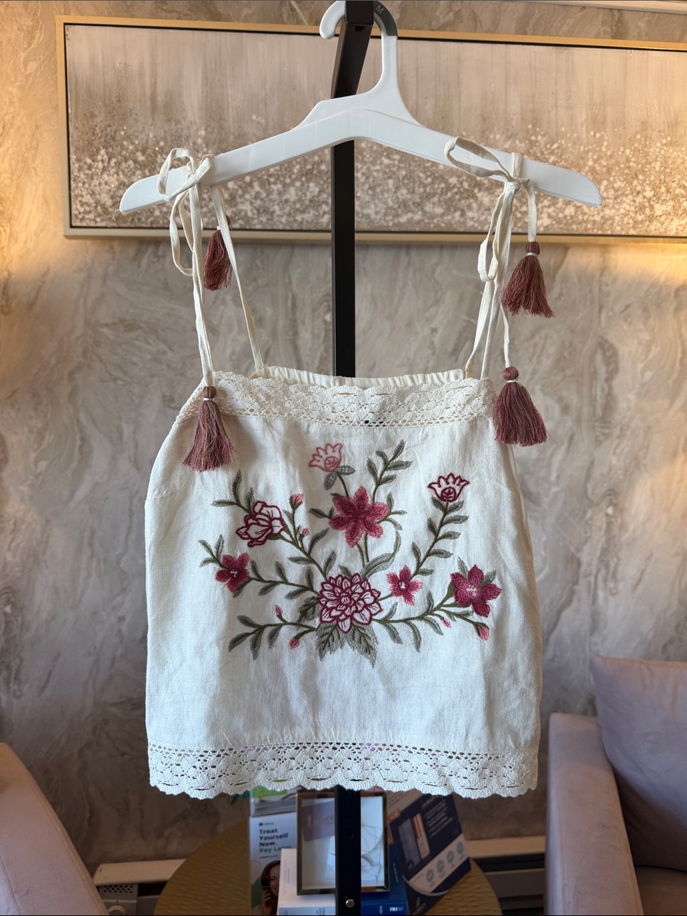 Women’s White Embroidered Tie-Strap Floral Tank Top
